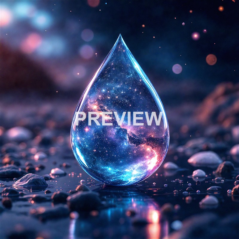 A large, transparent droplet with a galaxy and starry sky inside, resting on a rocky surface with a blurred, cosmic background.